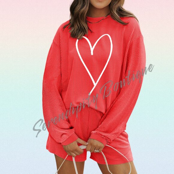 Pants - Baggy Stretchy Slouchy Comfy Casual Heart Shorts & Top Set in Coral Orange